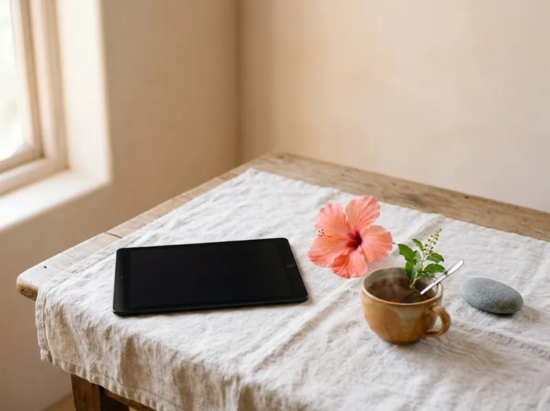 Um tablet de ecrã apagado sobre um pano de linho, ao lado de uma flor de hibisco e de uma chávena de chá