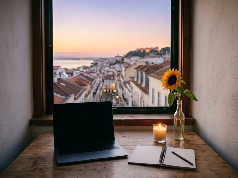 Um portátil e um caderno numa mesa ao amanhecer, com uma vela e um girassol ao lado