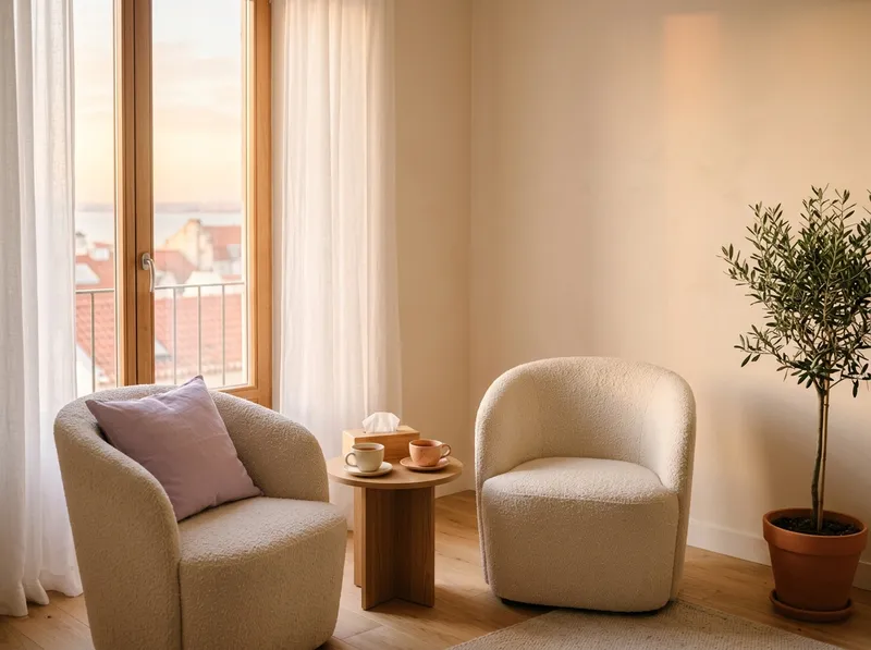 Duas poltronas frente a frente junto a uma janela luminosa, uma chávena de chá numa mesa de apoio