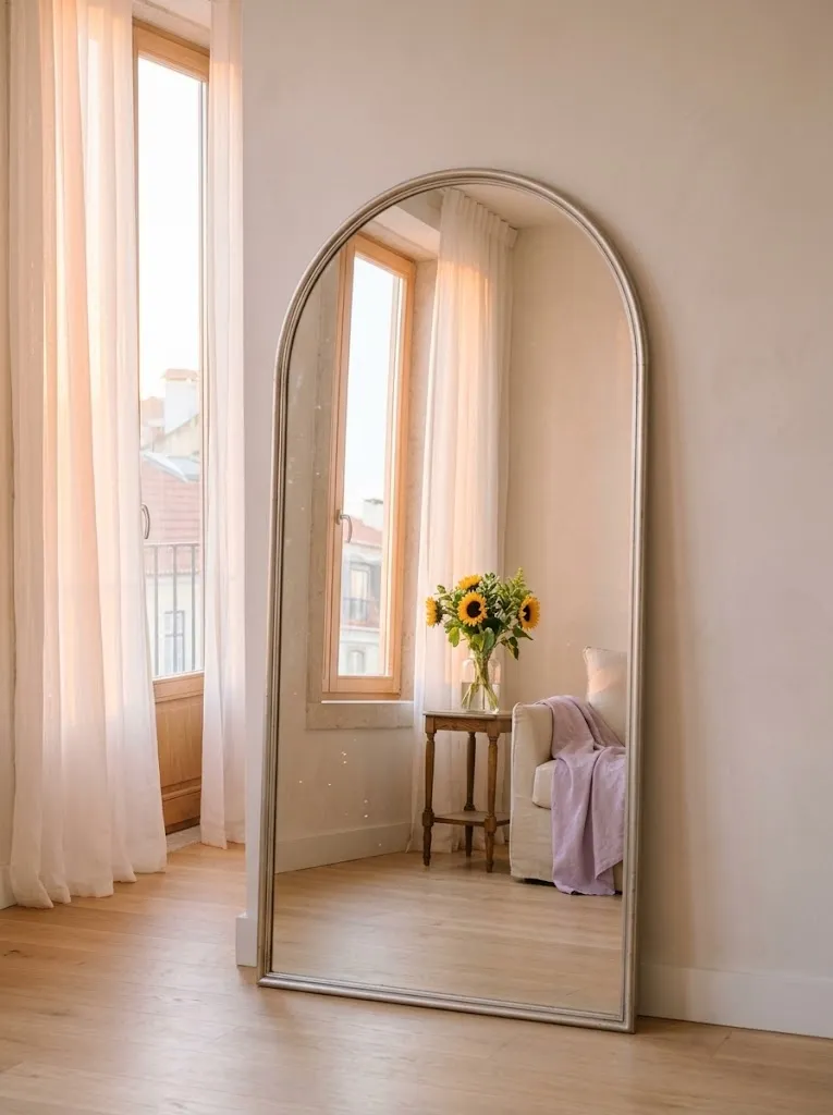 Um espelho em arco numa sala cheia de sol, a refletir um jarro de girassóis junto à janela